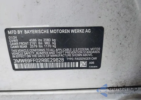 2024 BMW 330I из США, поврежденный, VIN 3MW69FF02R8E29828